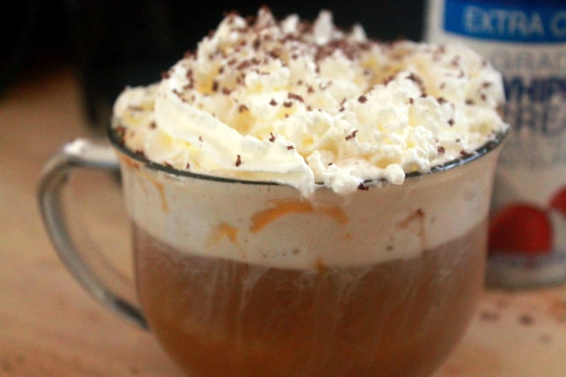 turtle coffee topped with whipped cream