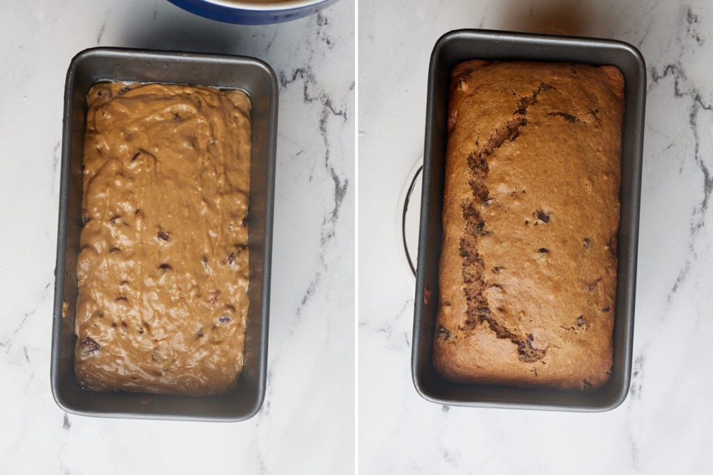 collage of batter in loaf pan unbaked and then baked