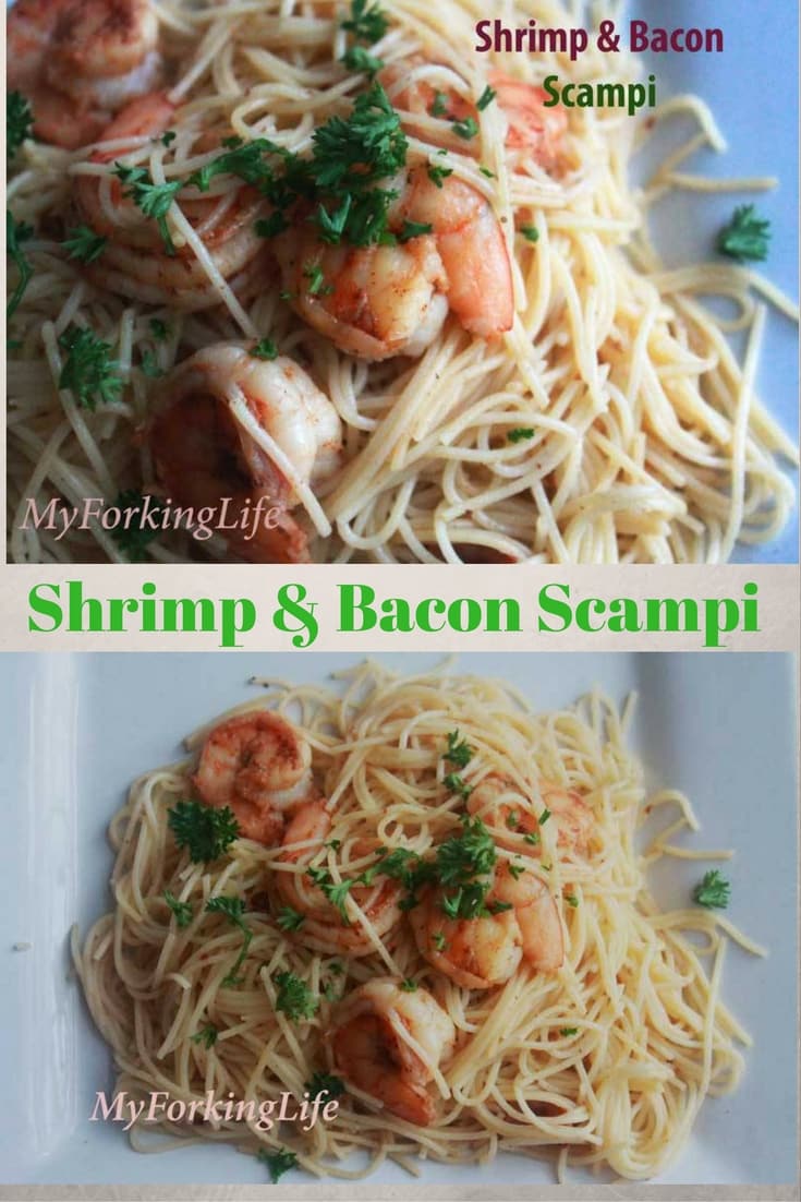 shrimp and bacon scampi on a plate pin