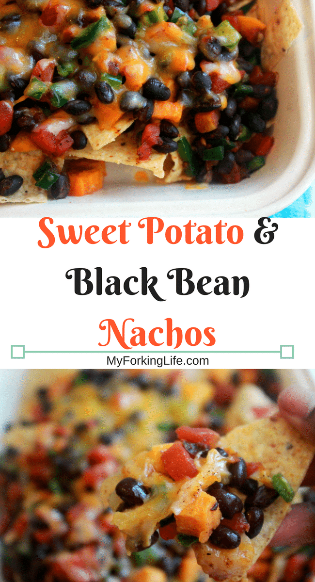 Sweet Potato & Black Bean Nachos. Perfect for dinner or appetizer. #meatlessmonday #cincodemayo #vegan #vegeterian