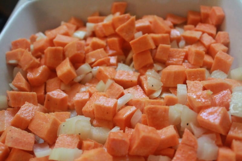 sweet potato and onions in baking dish