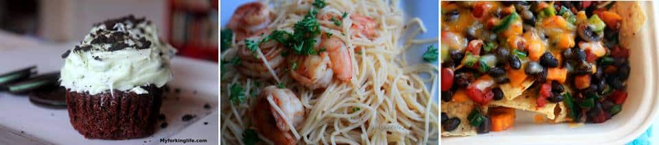 image of different recipes, cupcakes, shrimp and pasta, nachos