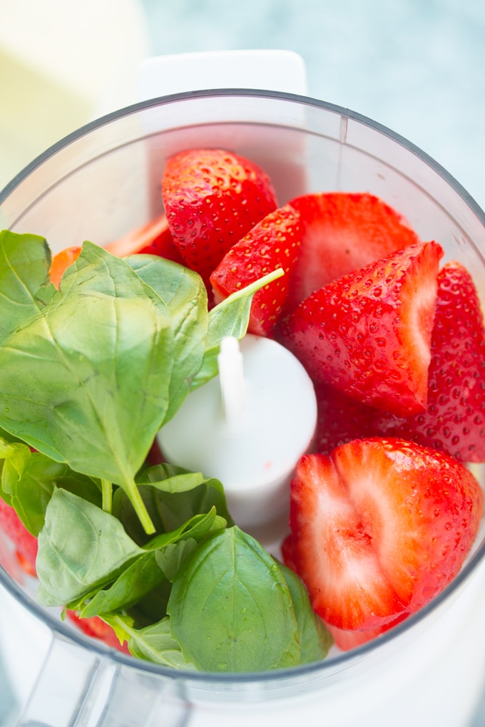 strawberry and basil in food processor