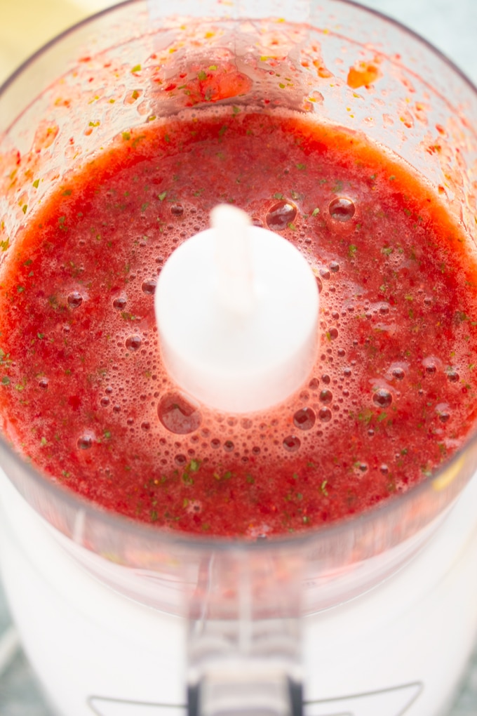 food processed strawberry and basil in liquid form