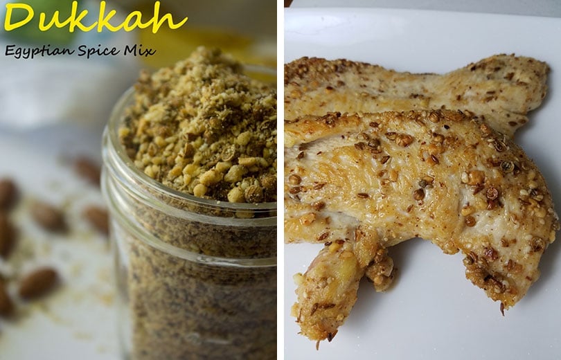 collage: dukkah in glass jar on left, dukkah on cooked chicken on right