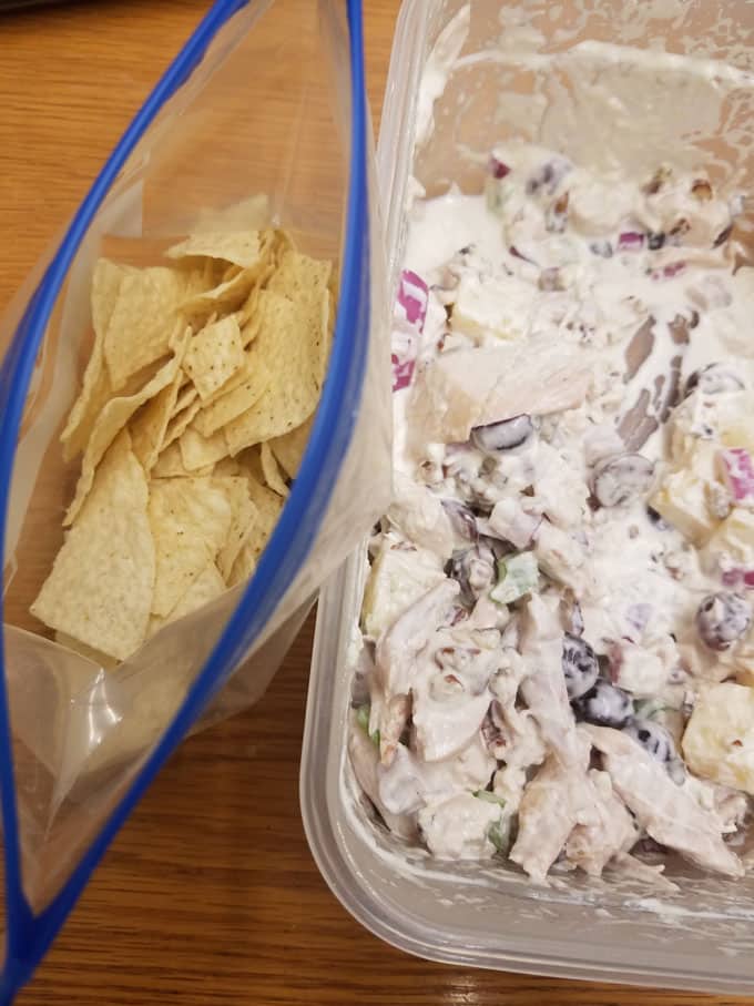 fruity chicken salad in a bowl with chips next to it