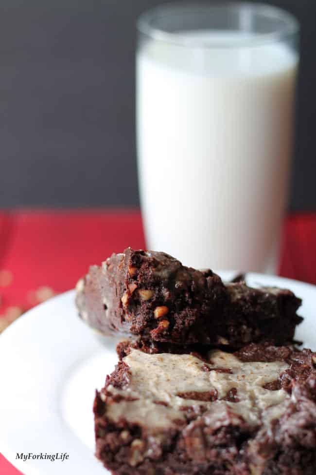 coffee brownies on a white plate in front of glass of milk