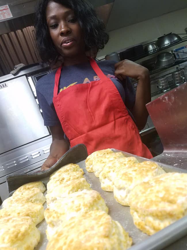 author looking down at biscuits