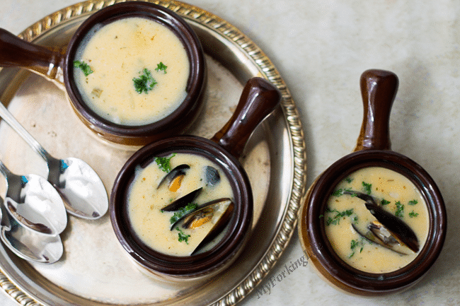 easy seafood chowder recipe in 3 bowls.