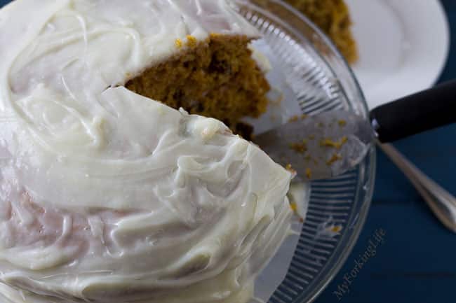 Simple Pumpkin Recipe. No mixer needed to make this cake. Lemon frosting.