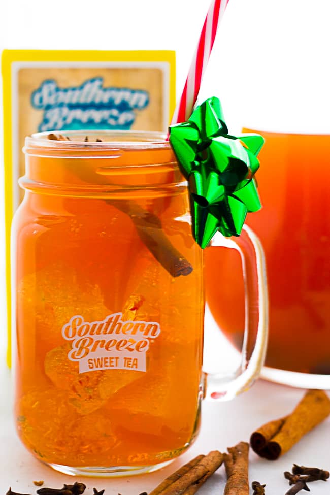 spiced iced sweet tea in glass with sticker