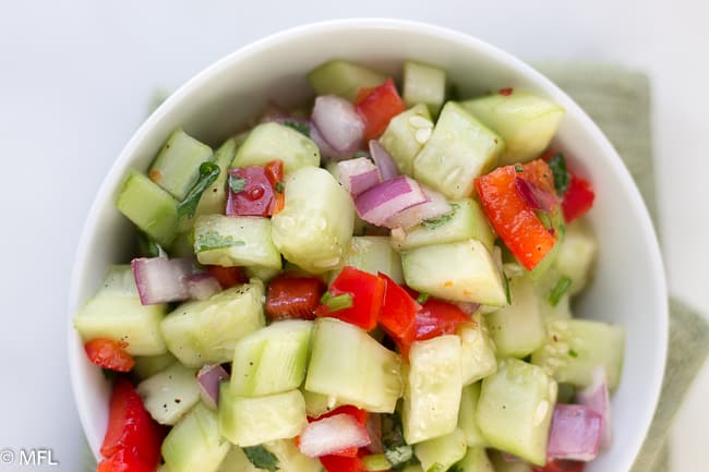 sweet thai chili salad in white bowl