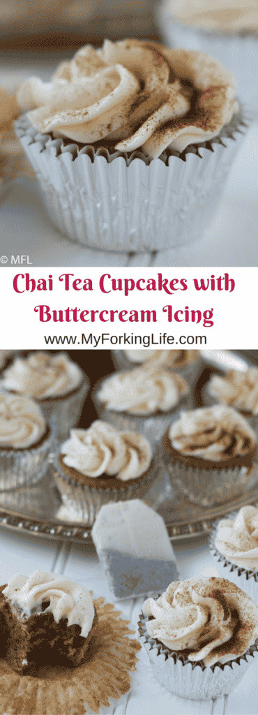 pinterest image of cupcake on top, text that says chai tea cupcakes with buttercream icing, and multiple cupcakes on bottom if image