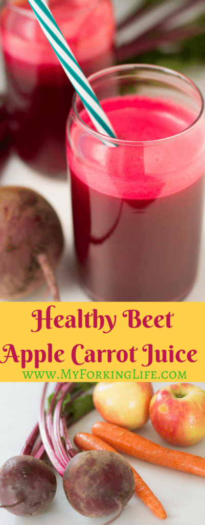 pinterest image of beet juice on top and ingredients for beet juice on the bottom