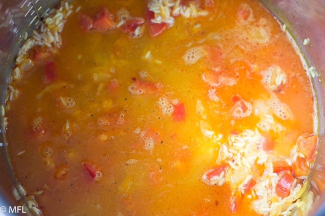 Instant Pot Pressure Cooker Shrimp Paella. Quick and easy recipe. Only 5 minutes of pressure cooking time. 