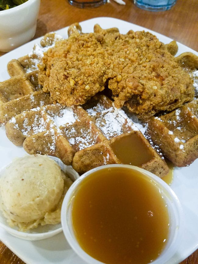 Dame's Chicken and waffles on a white plate