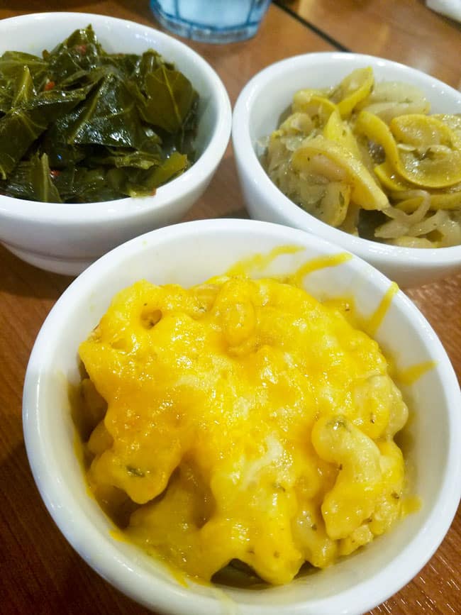 collard greens, fried yellow squash, and macaroni and cheese all in small plates