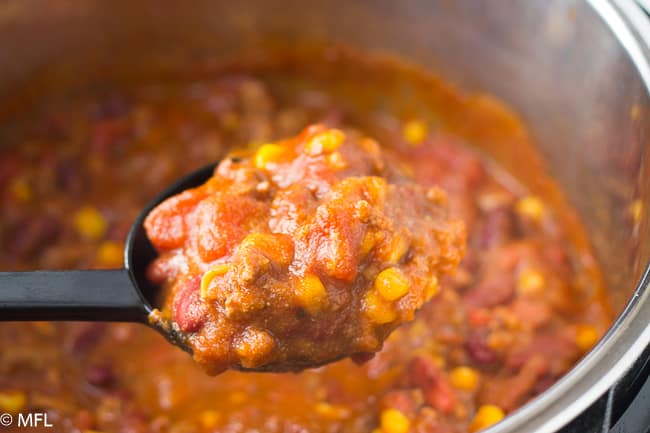 pressure cooker turkey chili on a spoon