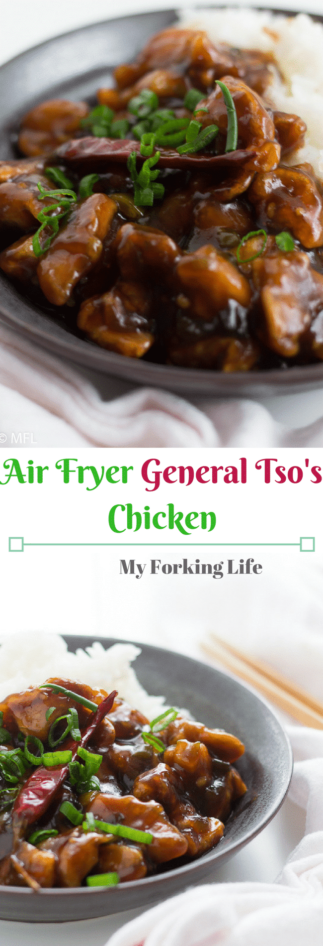 an image of the finished dish with text that says air fryer general tso's chicken