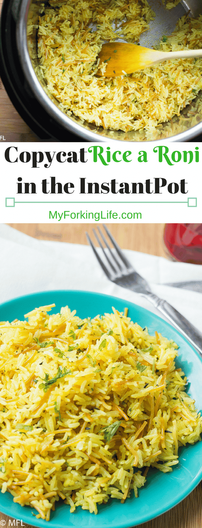 This Copycat Rice a Roni recipe is even better than the boxed version. Make it in the Instant Pot Pressure Cooker for a hands off quick, easy, and healthy side dish. #dinner #quickdinnerrecipes #copycatrice #pressurecookerrice #myforkinglife #ricepilaf #instantpot #pressurecookersides #copycatrecipes #homemade