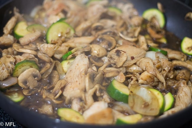 zucchini mushroom chicken in skillet