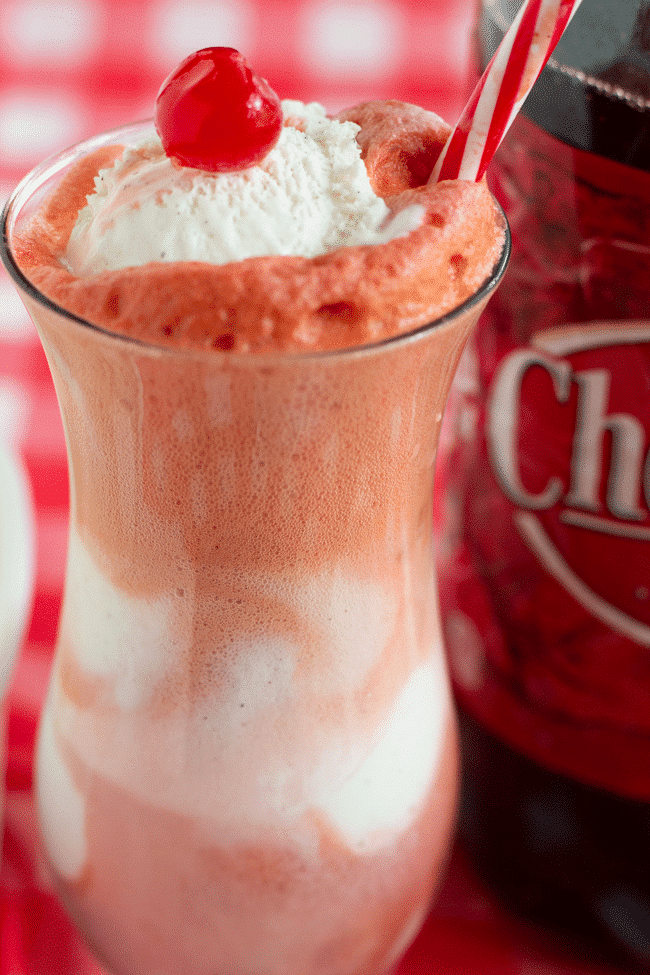 cheerwine float in milkshake glass 