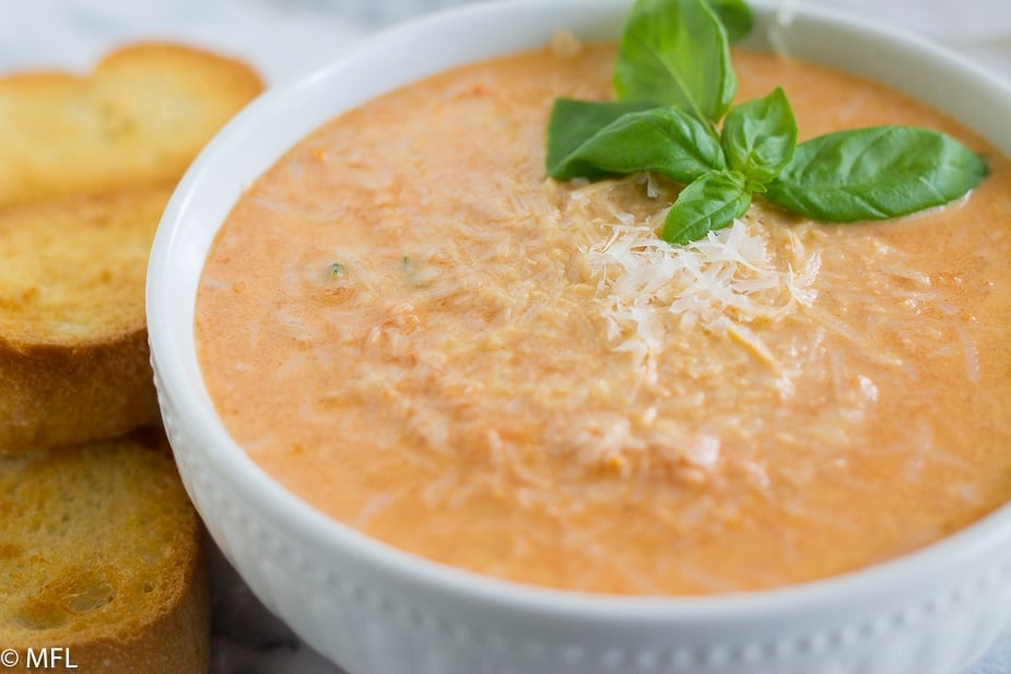 best tomato basil soup in a white bowl with basil and cheese on top