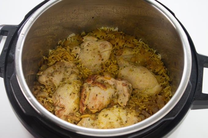 completed instant pot chicken and rice in the pot