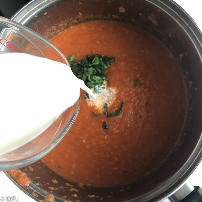 heavy cream added to the best tomato basil soup 