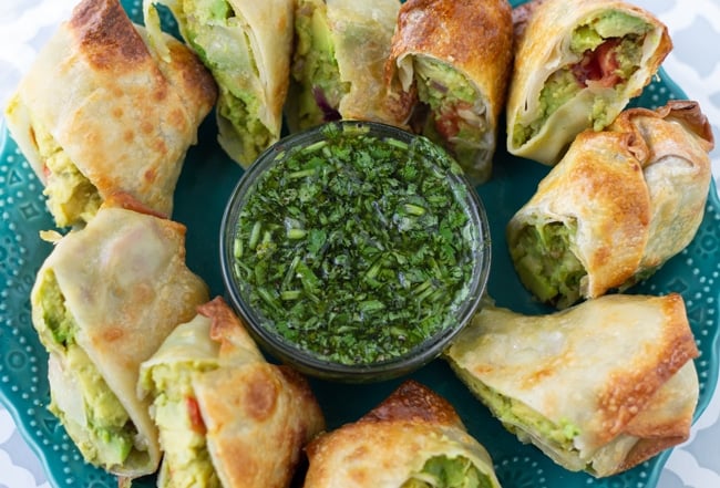 Healthier Cheesecake Avocado Egg Rolls on a platter