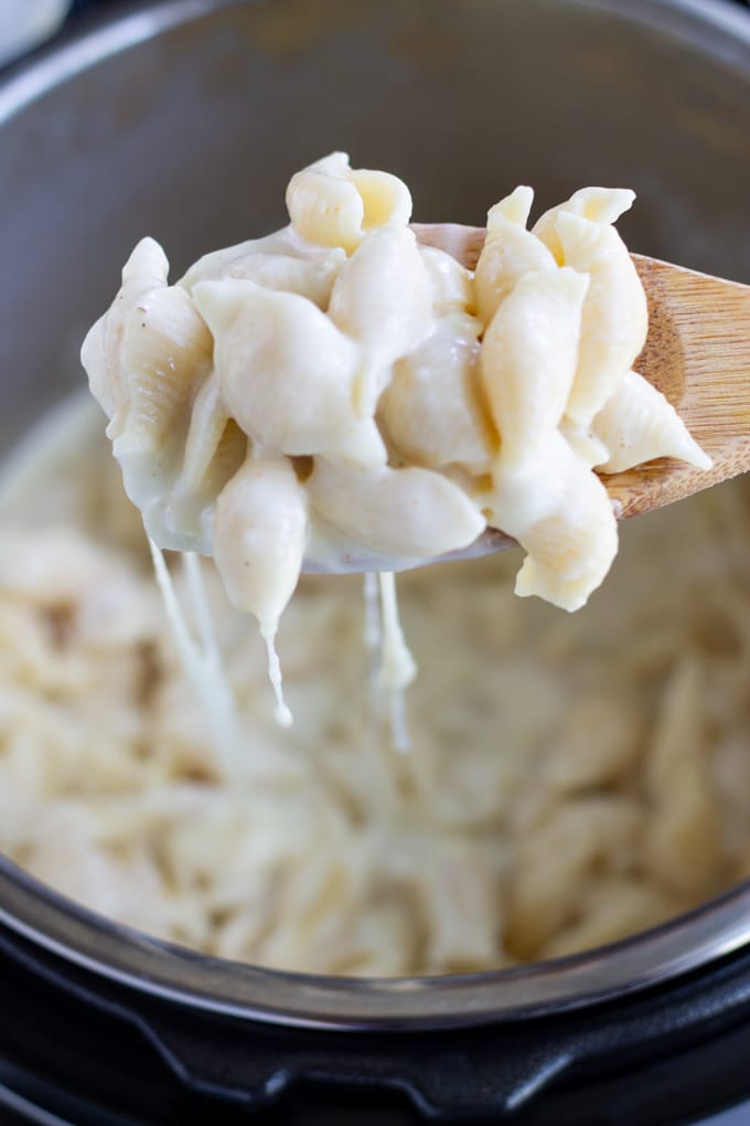 white cheddar pasta on spoon