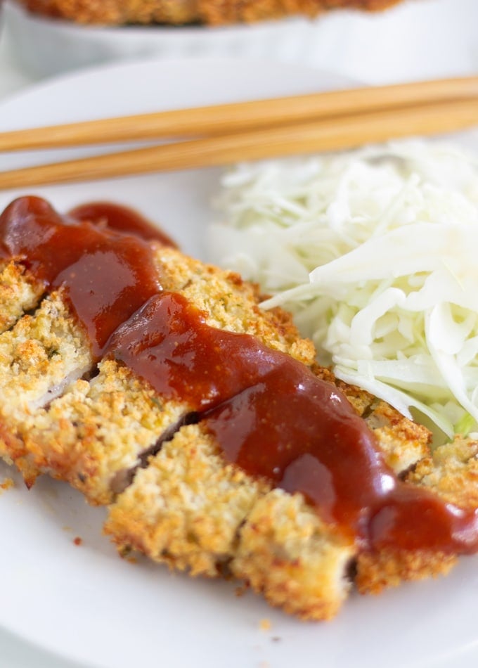 air fryer boneless pork chop, japanese katsu, with tonkatsu sauce on top