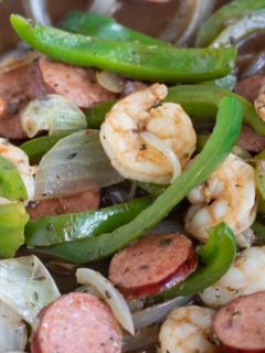 balsamic shrimp and sausage dinner in skillet