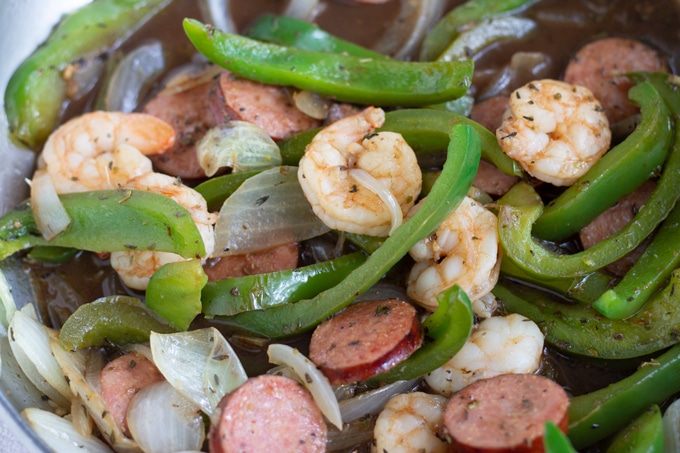 balsamic shrimp and sausage dinner in skillet