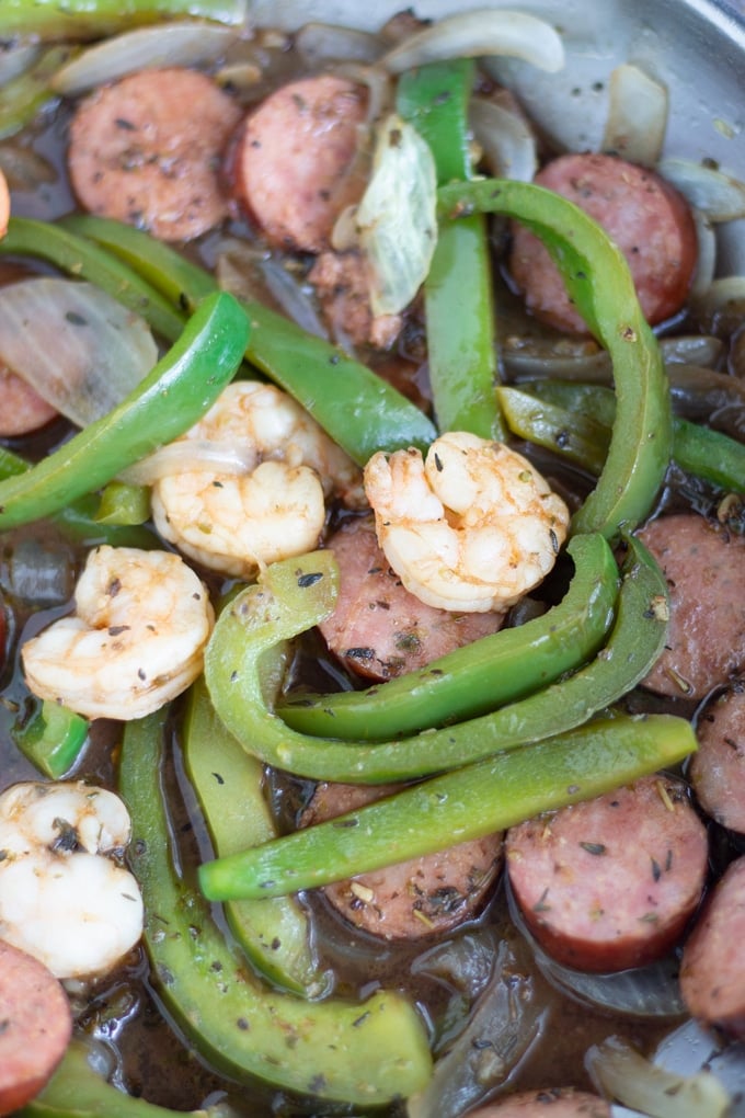 finished balsamic shrimp and sausage dinner