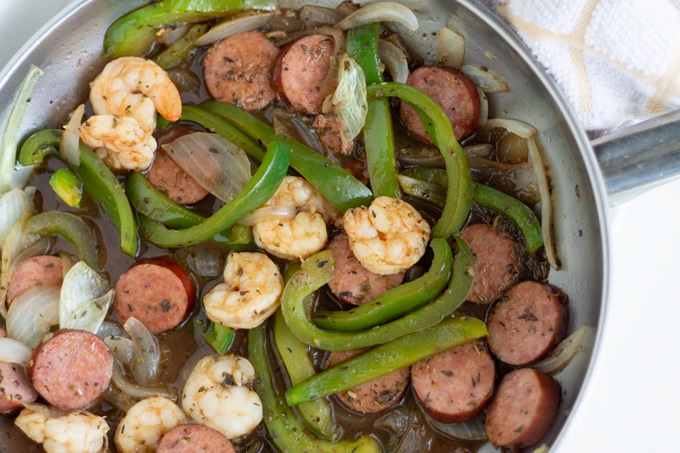 balsamic shrimp and sausage in a skillet