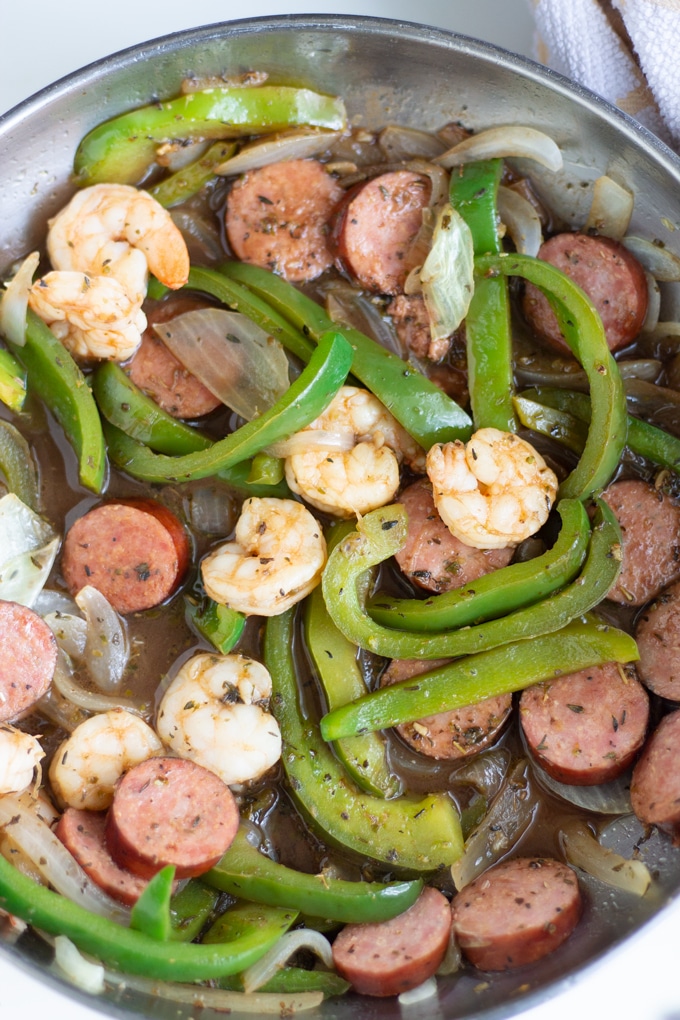 shrimp and peppers in a skillet