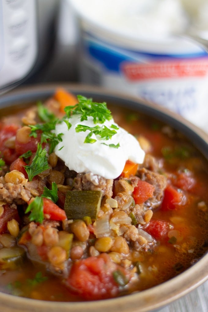 final shot of pressure cooker lentil soup in a bowl