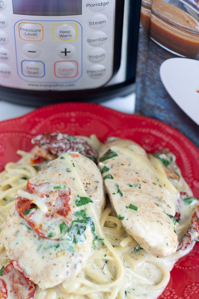 chicken over pasta on red plate