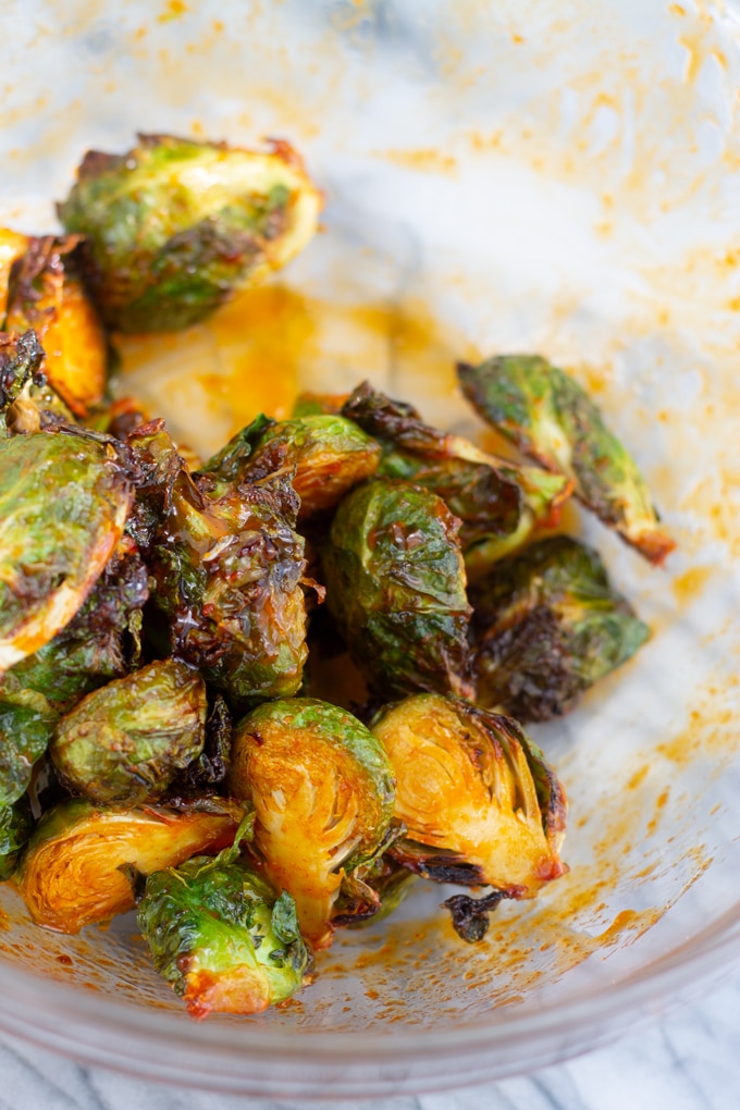 cooked brussels in glass bowl