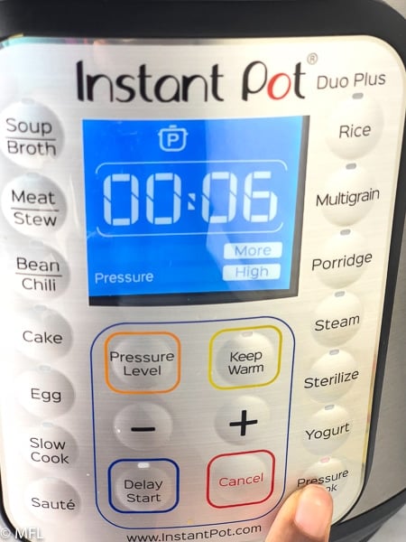 front of instant pot with timer set to 6 minutes high pressure