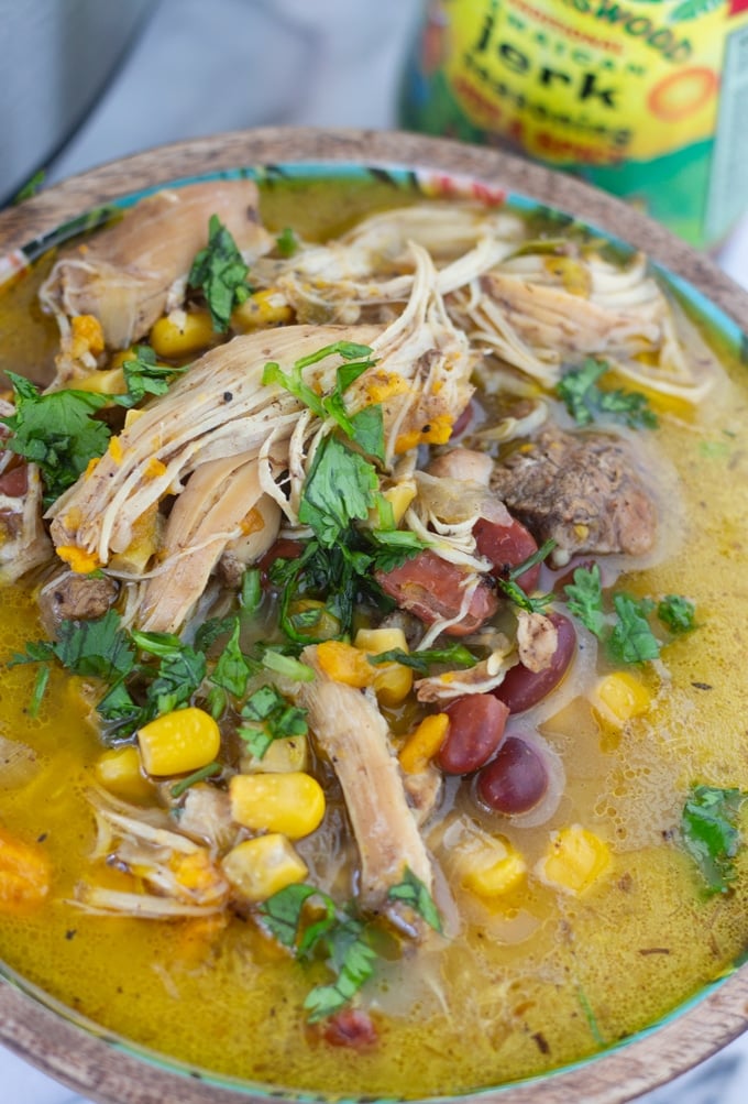 jerk chicken soup in a bowl