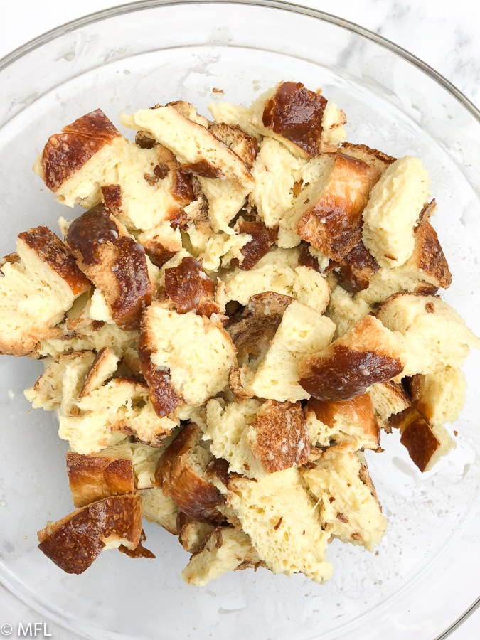 challah bread soaked with milk mixture for instant pot bread pudding