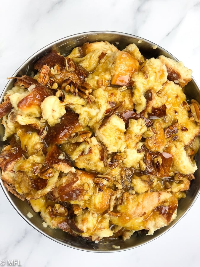 instant pot bread pudding in pan before being baked