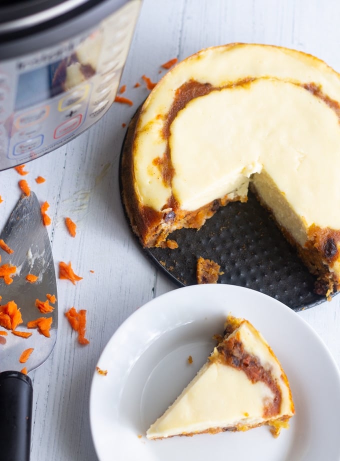 instant pot cheesecake sliced on table