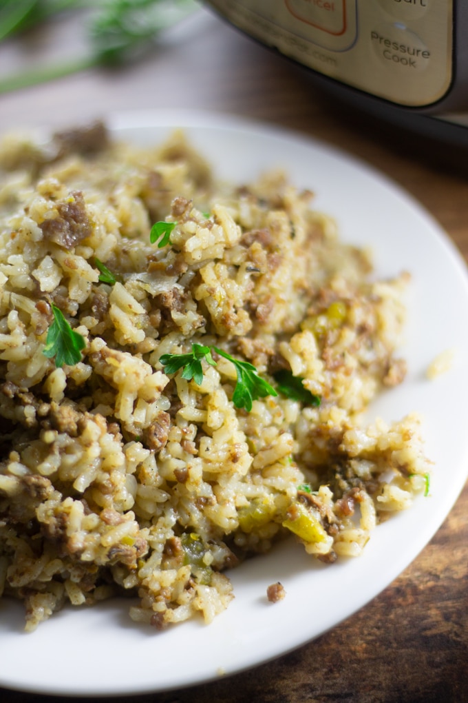This Easy and Delicious Cajun Dirty Rice is a one pot recipe that can be made quickly in your Instant Pot or any Electric Pressure Cooker. Serve this flavorful rice as a side or main course. #pressurecookerrecipes #instantpot #cajunrecipes #cajundirtyrice #instantpotsides Instant Pot Dirty Rice on a plate