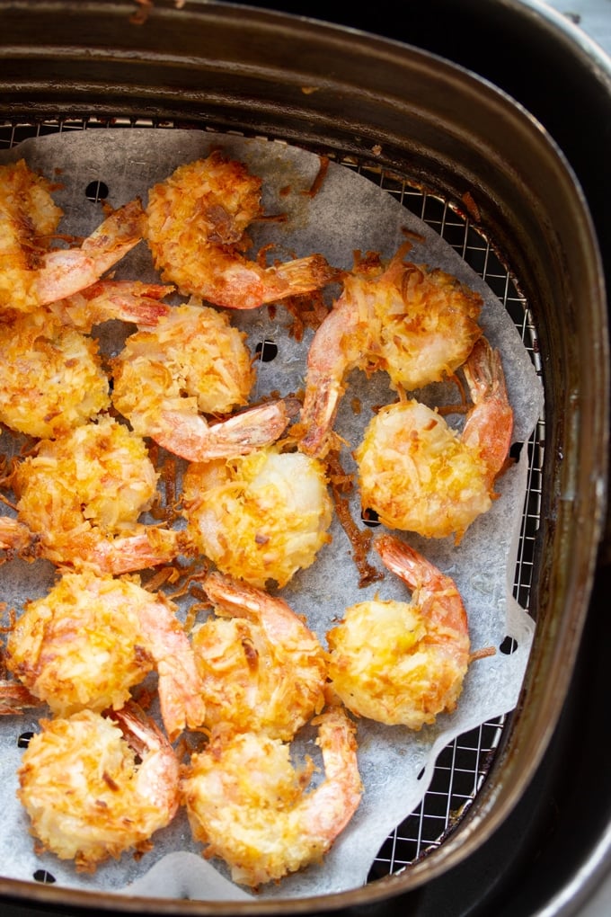 air fried shrimp after air frying in basket