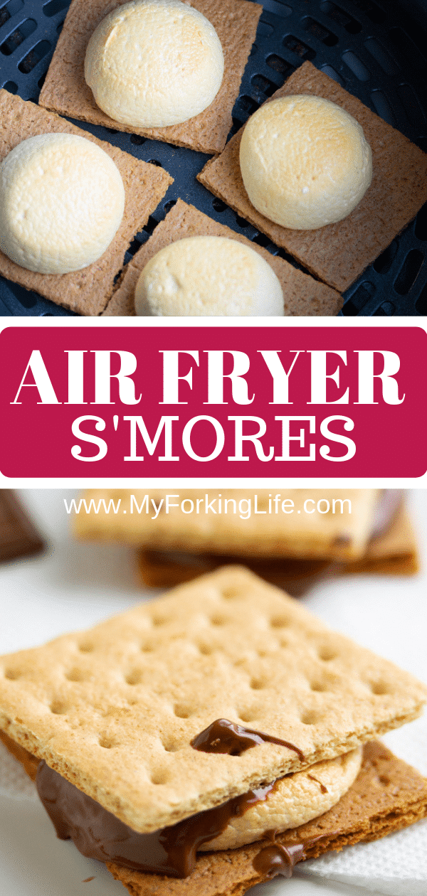 You won’t need a campfire to make these s’mores, all you need is an Air Fryer. Delicious roasted marshmallows roasted right in the Air Fryer in less than 10 minutes. It’s the perfect easy dessert. #smallbatchdessert #airfryer #airfryerrecipes #airfryerrecipesfordessert #dessertrecipes #dessertfortwo pin graphic for air fryer s'mores
