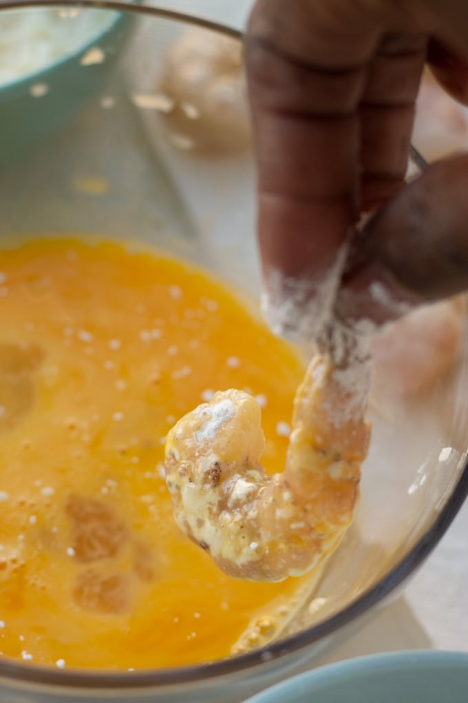 shrimp being dipped in egg