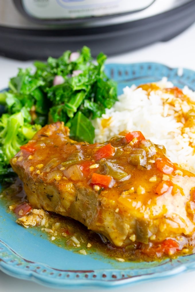 instant pot pork chop on the plate with rice and salad